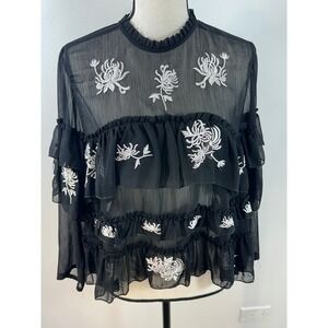 Zara Woman Floral Embroidered Ruffle Tiered Sheer Blouse Top Black M